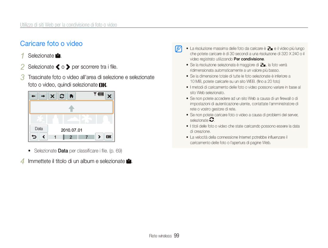 Samsung EC-ST80ZZBPBIT manual Caricare foto o video, Utilizzo di siti Web per la condivisione di foto o video 