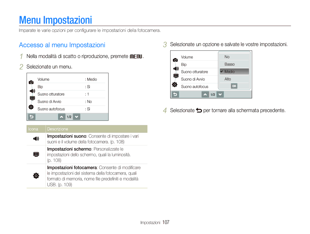 Samsung EC-ST80ZZBPBIT Menu Impostazioni, Accesso al menu Impostazioni, Selezionate per tornare alla schermata precedente 