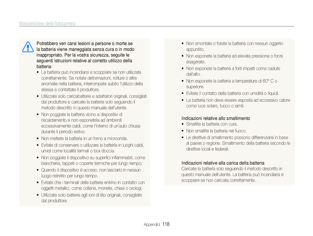 Samsung EC-ST80ZZBPBIT manual  Non smaltite la batteria nel fuoco 