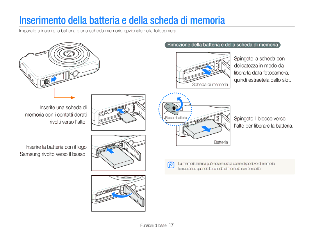 Samsung EC-ST80ZZBPBIT manual Inserimento della batteria e della scheda di memoria, Spingete il blocco verso, Batteria 