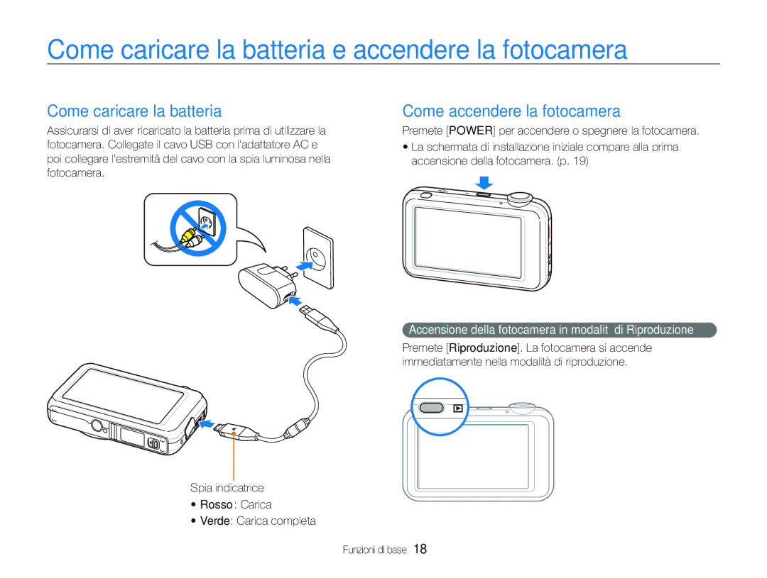 Samsung EC-ST80ZZBPBIT manual Come caricare la batteria e accendere la fotocamera, Come accendere la fotocamera 