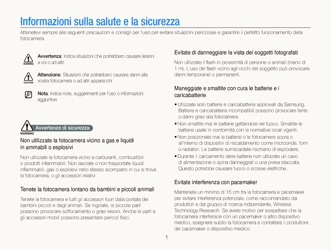 Samsung EC-ST80ZZBPBIT Informazioni sulla salute e la sicurezza, Tenete la fotocamera lontano da bambini e piccoli animali 