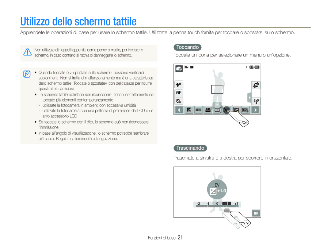 Samsung EC-ST80ZZBPBIT manual Utilizzo dello schermo tattile, Toccando, Trascinando 