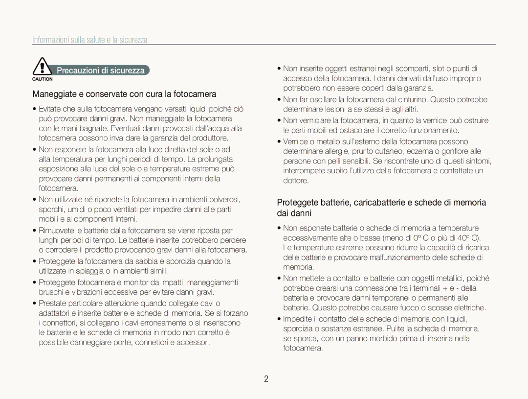 Samsung EC-ST80ZZBPBIT manual Informazioni sulla salute e la sicurezza, Maneggiate e conservate con cura la fotocamera 