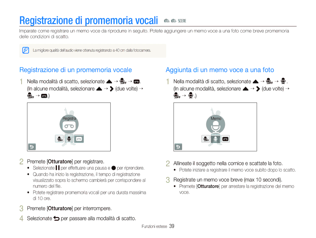 Samsung EC-ST80ZZBPBIT manual Registrazione di promemoria vocali a p s, Registrazione di un promemoria vocale 