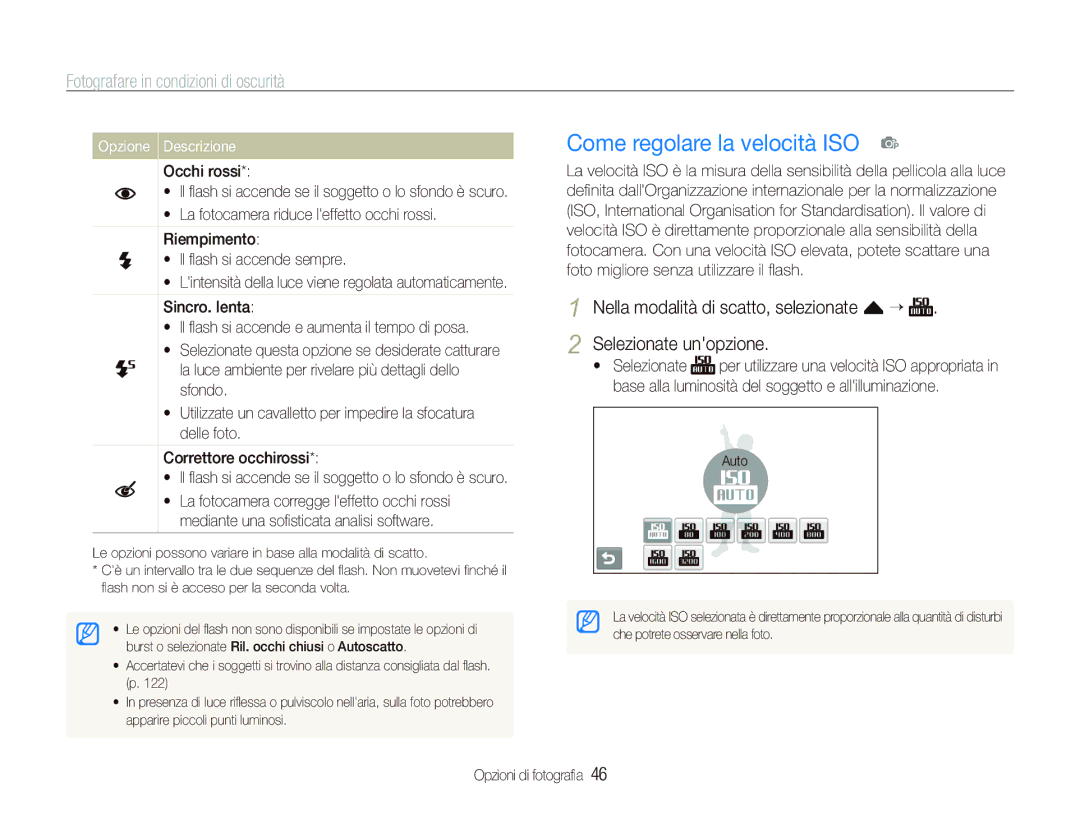 Samsung EC-ST80ZZBPBIT manual Come regolare la velocità ISO p, Fotografare in condizioni di oscurità, Occhi rossi 