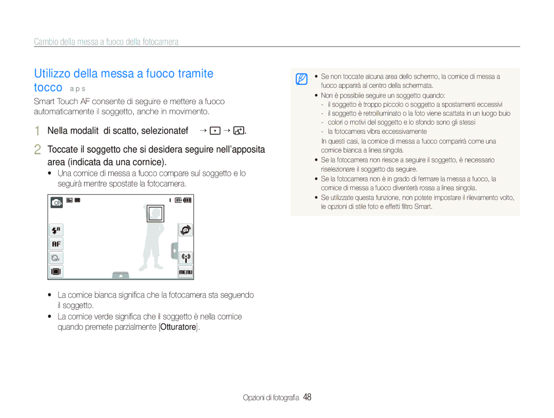 Samsung EC-ST80ZZBPBIT manual Utilizzo della messa a fuoco tramite tocco a p s, Cambio della messa a fuoco della fotocamera 