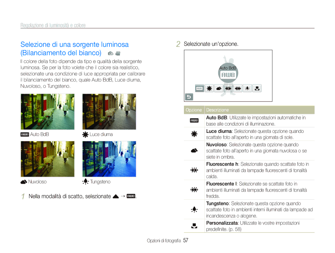 Samsung EC-ST80ZZBPBIT manual Nella modalità di scatto, selezionate f “, Auto BdB Nuvoloso Luce diurna Tungsteno 