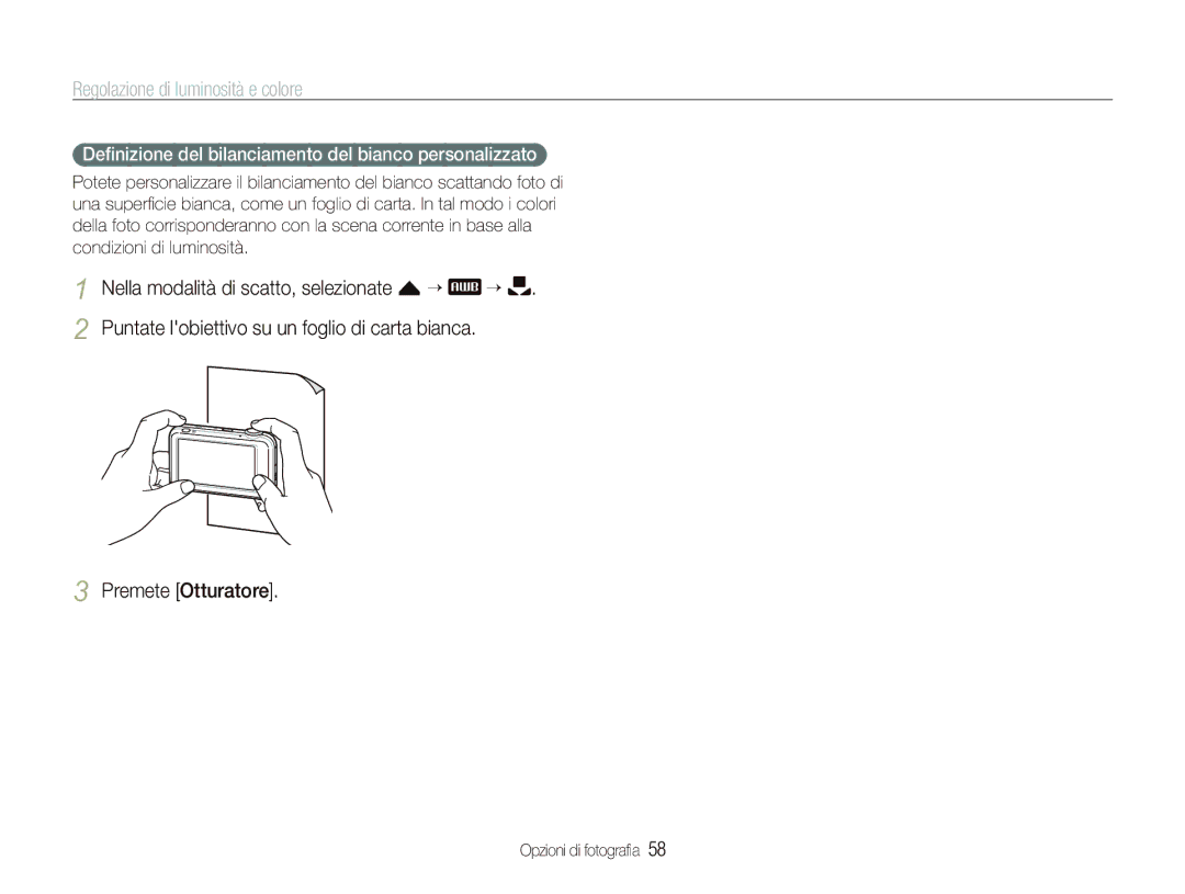 Samsung EC-ST80ZZBPBIT manual Premete Otturatore, Deﬁnizione del bilanciamento del bianco personalizzato 