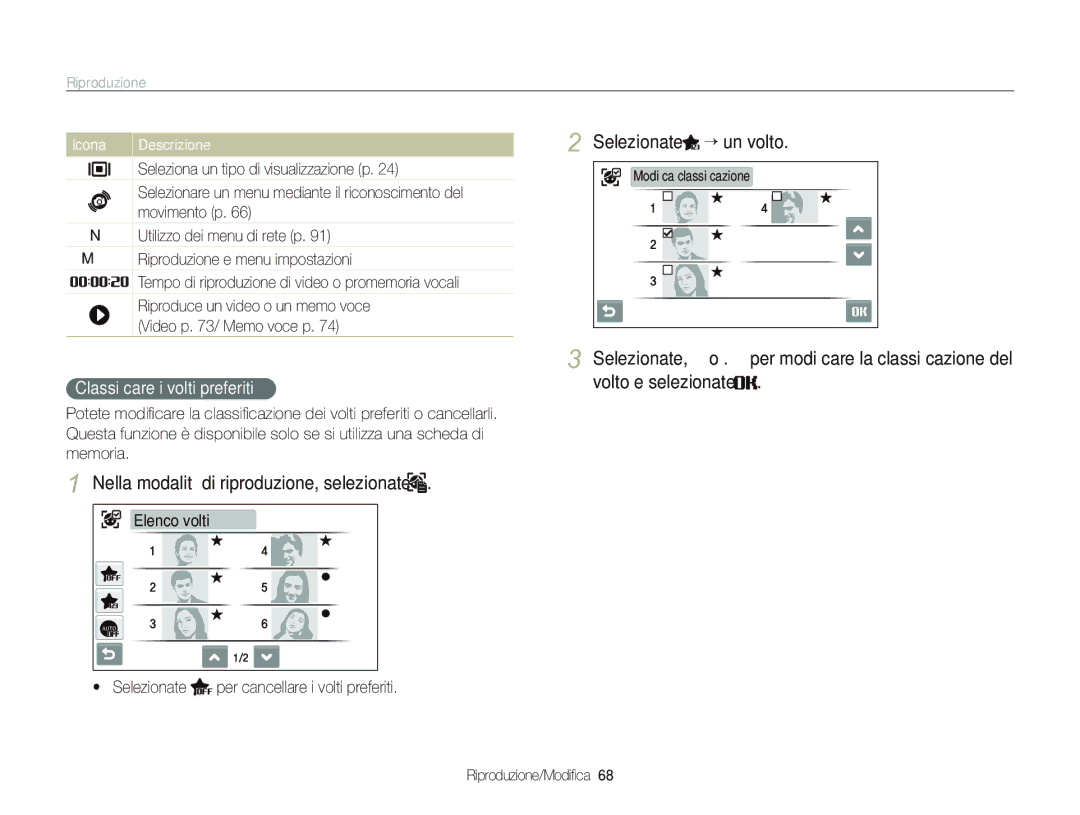 Samsung EC-ST80ZZBPBIT Selezionate “ un volto, Nella modalità di riproduzione, selezionate, Classiﬁcare i volti preferiti 