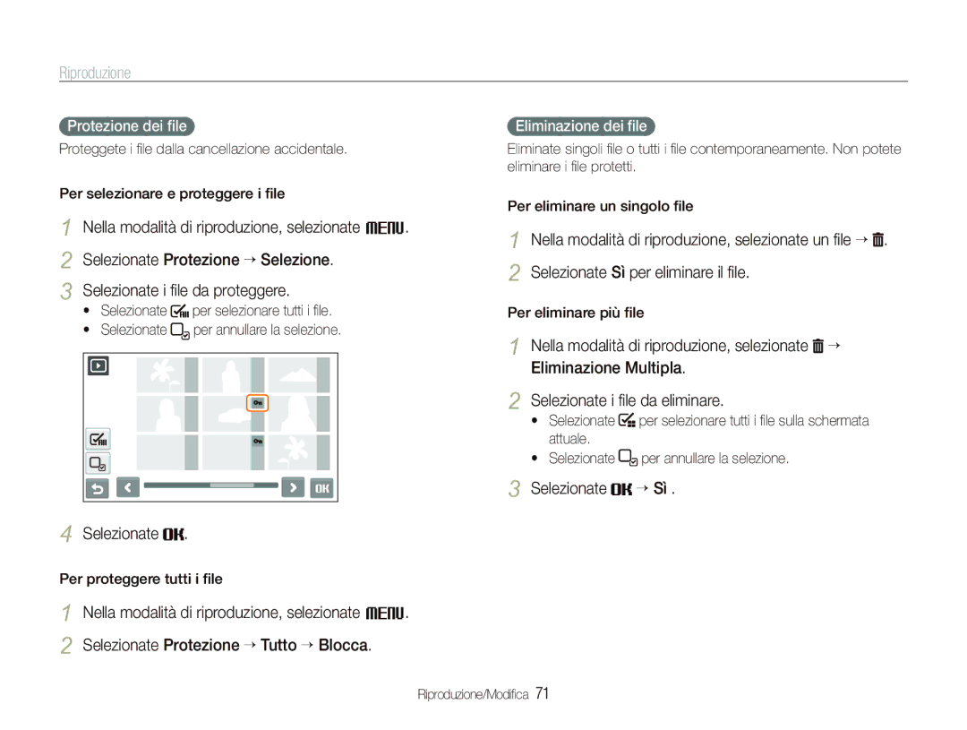 Samsung EC-ST80ZZBPBIT manual Selezionate “ Sì, Protezione dei ﬁle, Eliminazione dei ﬁle, Per proteggere tutti i ﬁle 