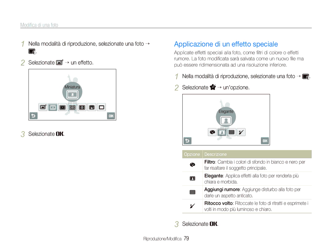 Samsung EC-ST80ZZBPBIT manual Applicazione di un effetto speciale, Opzione Descrizione 