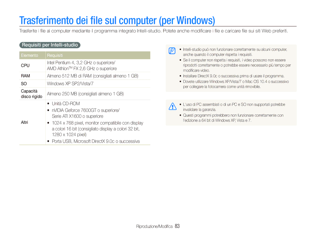 Samsung EC-ST80ZZBPBIT Trasferimento dei ﬁle sul computer per Windows, Requisiti per Intelli-studio, Elemento Requisiti 