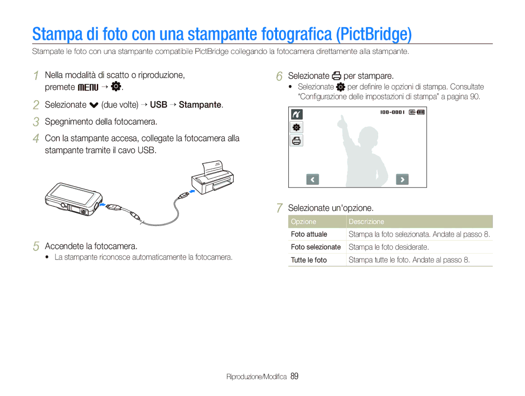 Samsung EC-ST80ZZBPBIT Stampa di foto con una stampante fotograﬁca PictBridge, Selezionate per stampare, Foto attuale 