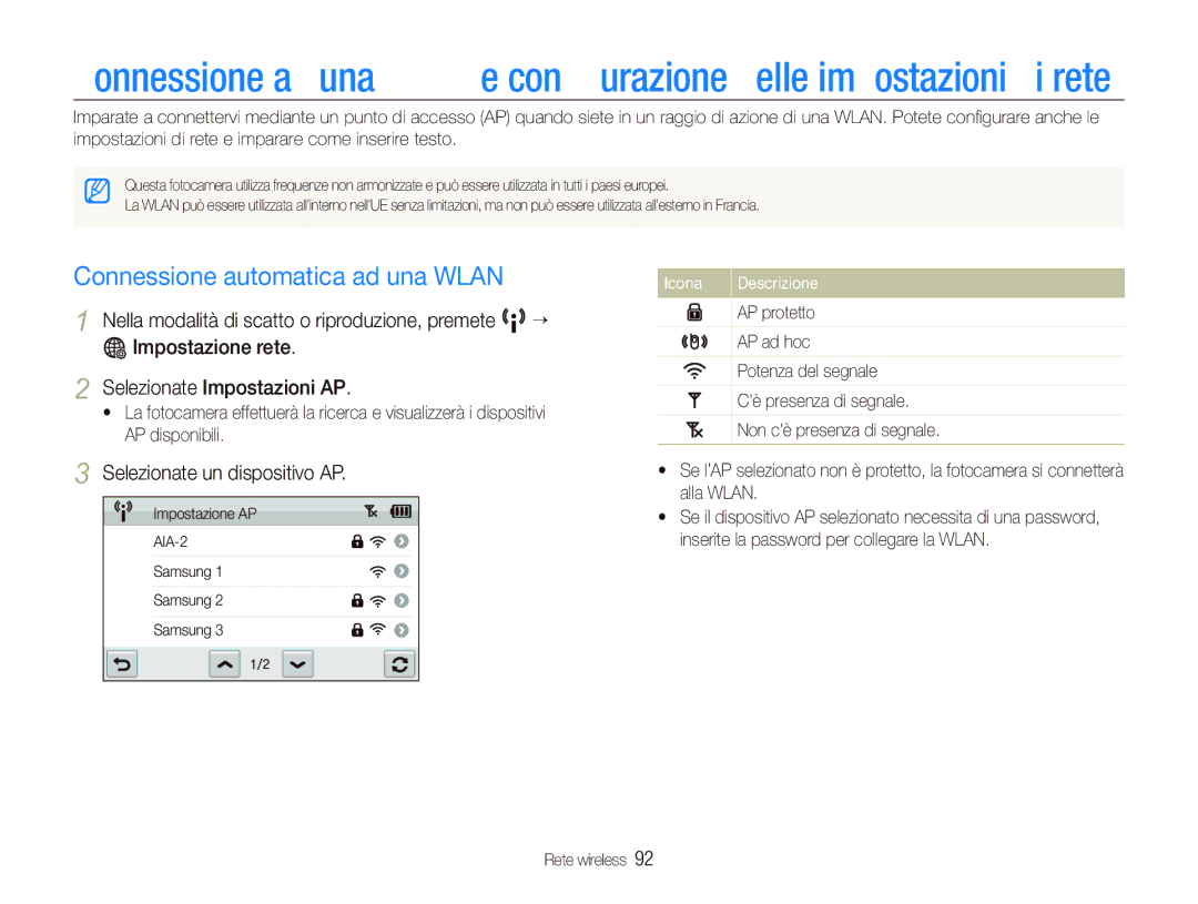 Samsung EC-ST80ZZBPBIT manual Connessione automatica ad una Wlan, Selezionate un dispositivo AP 