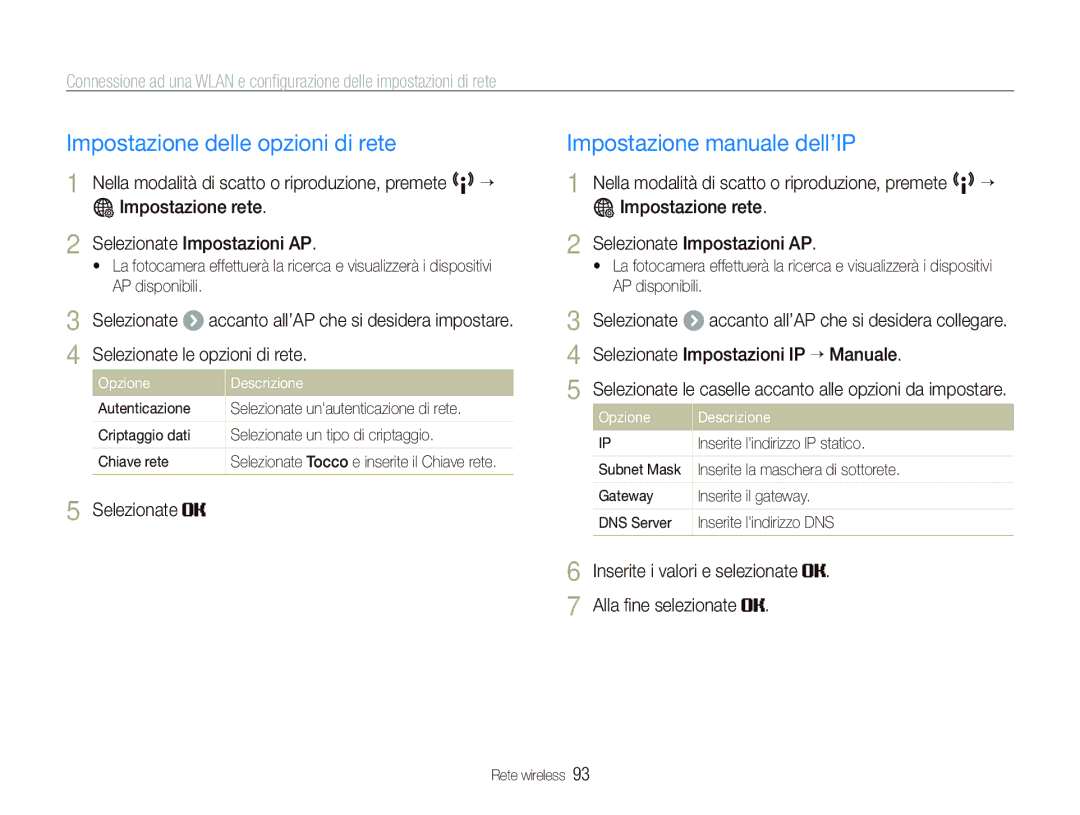 Samsung EC-ST80ZZBPBIT Impostazione delle opzioni di rete, Impostazione manuale dell’IP, Inserite lindirizzo IP statico 