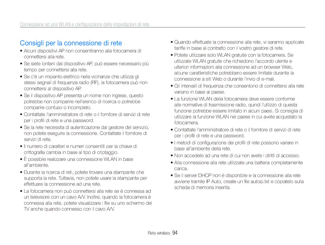 Samsung EC-ST80ZZBPBIT manual Consigli per la connessione di rete 