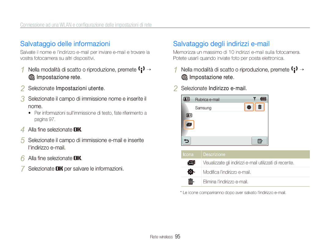 Samsung EC-ST80ZZBPBIT manual Salvataggio delle informazioni, Salvataggio degli indirizzi e-mail, Lindirizzo e-mail 