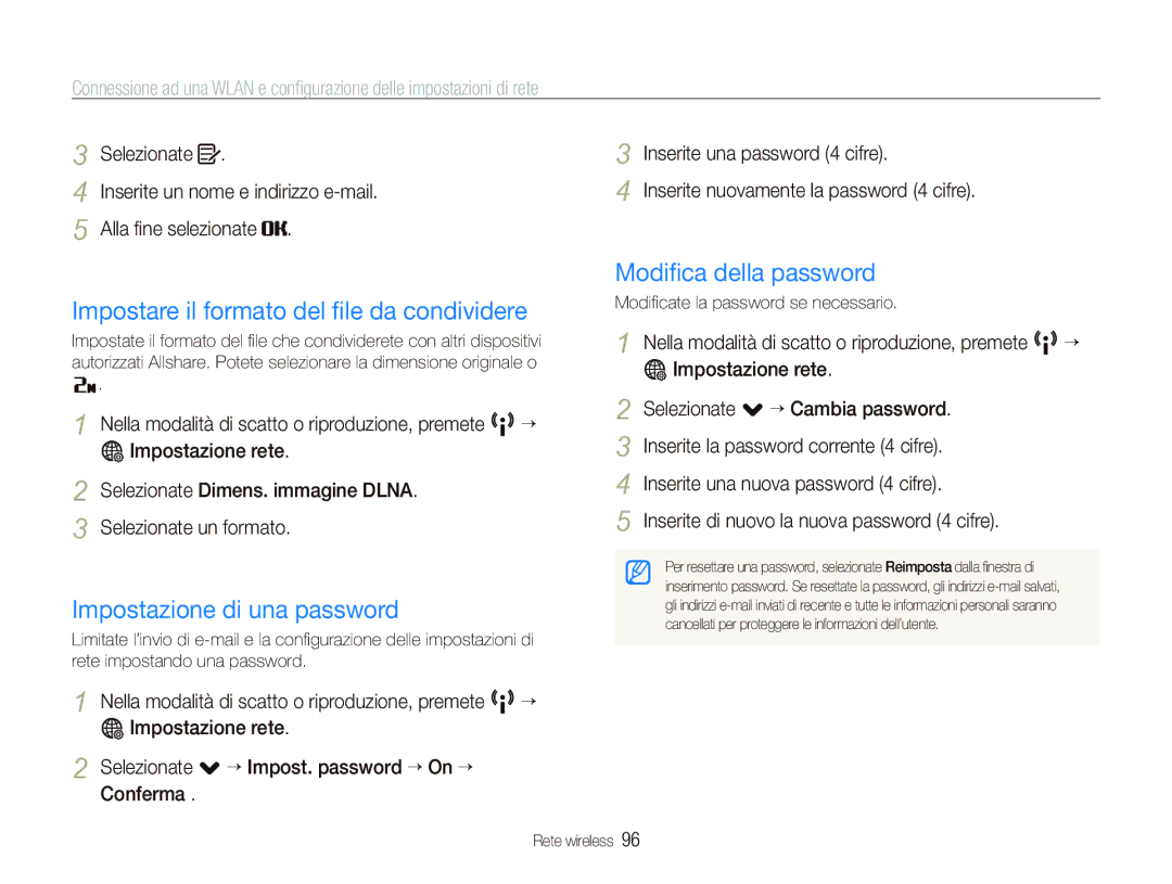 Samsung EC-ST80ZZBPBIT Impostare il formato del ﬁle da condividere, Impostazione di una password, Modiﬁca della password 