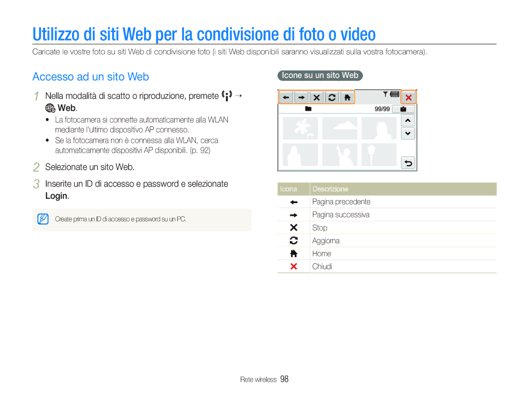 Samsung EC-ST80ZZBPBIT manual Utilizzo di siti Web per la condivisione di foto o video, Accesso ad un sito Web 