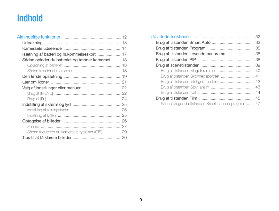 Samsung EC-ST88ZZBPLE2, EC-ST88ZZBPWE2, EC-ST88ZZFPWE2 manual Indhold, Sådan oplader du batteriet og tænder kameraet 