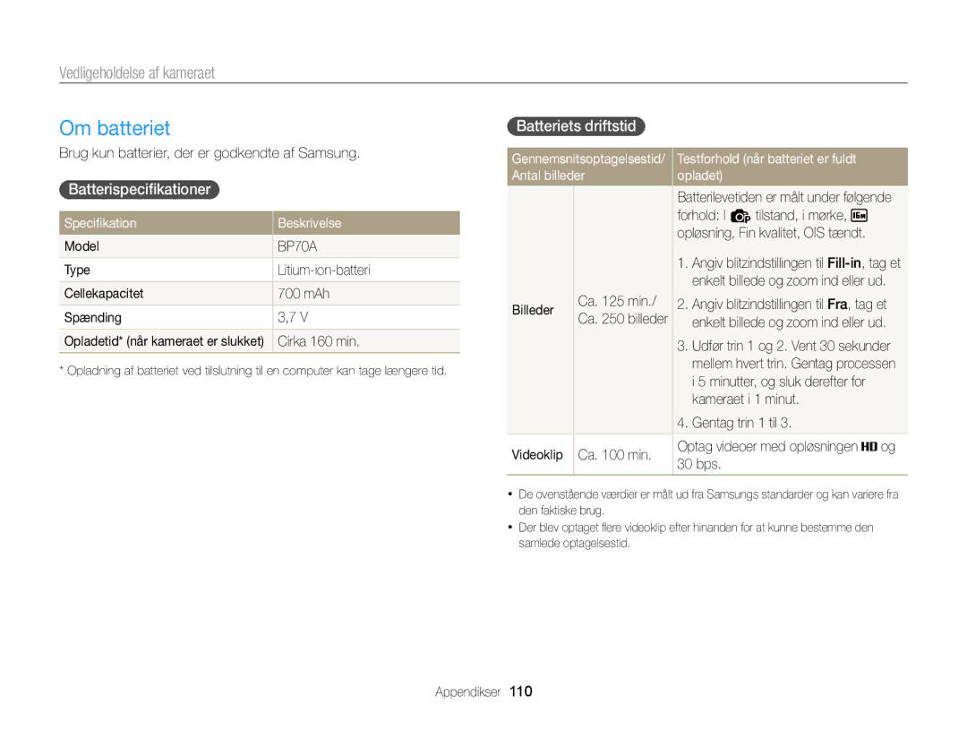 Samsung EC-ST88ZZBPWE2 manual Om batteriet, Batterispecifikationer, Batteriets driftstid, Specifikation Beskrivelse 