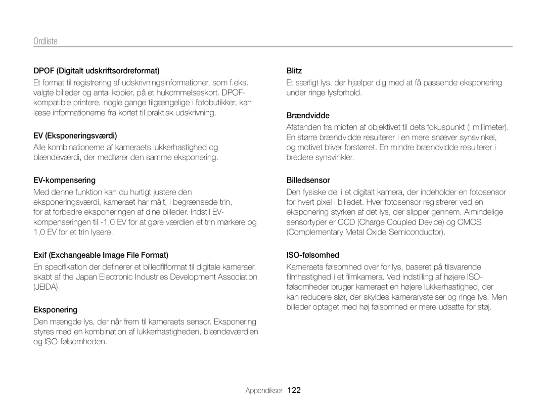 Samsung EC-ST88ZZFPLE2, EC-ST88ZZBPLE2, EC-ST88ZZBPWE2 Ordliste, Dpof Digitalt udskriftsordreformat, EV Eksponeringsværdi 