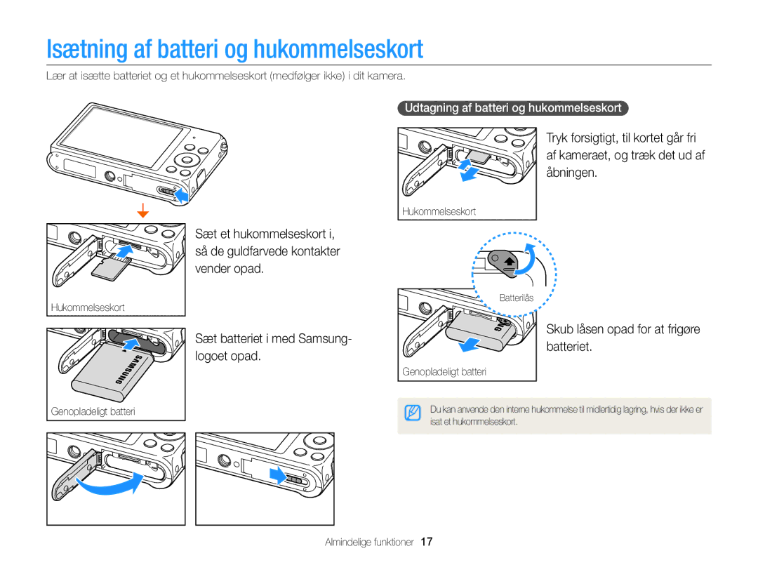 Samsung EC-ST88ZZFPLE2 manual Isætning af batteri og hukommelseskort, Vender opad, Sæt batteriet i med Samsung- logoet opad 