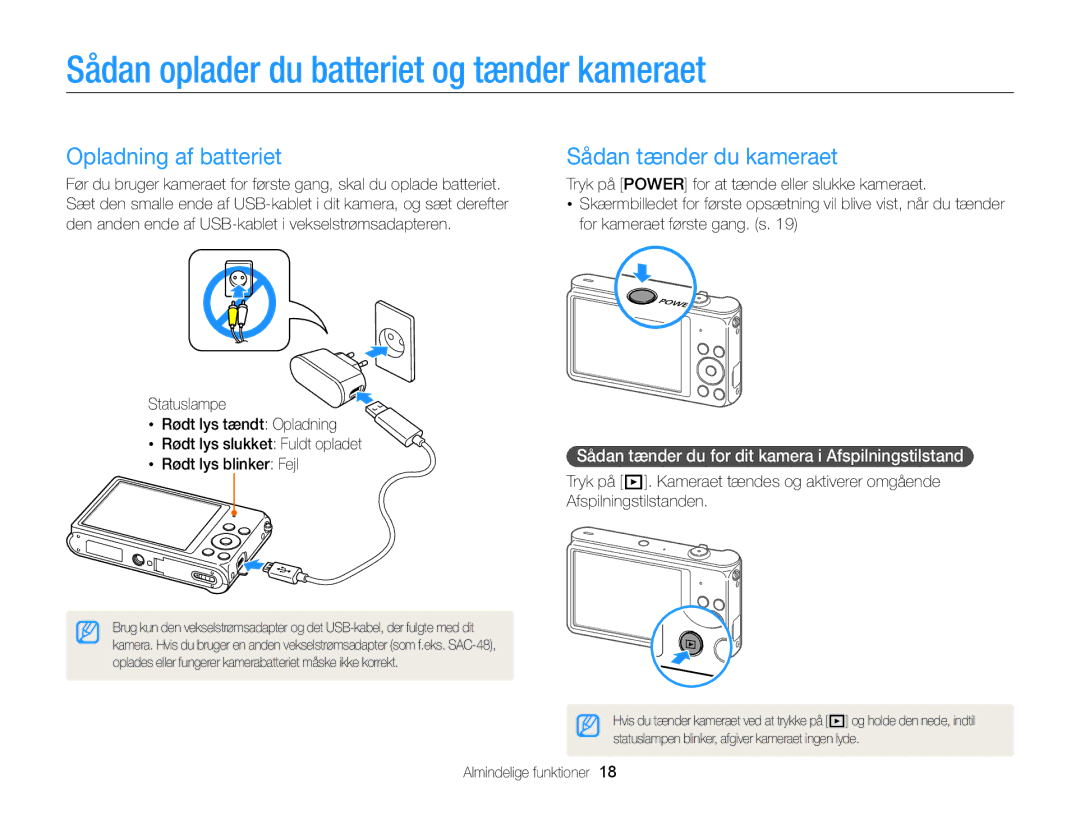 Samsung EC-ST88ZZBPBE2 Sådan oplader du batteriet og tænder kameraet, Opladning af batteriet, Sådan tænder du kameraet 