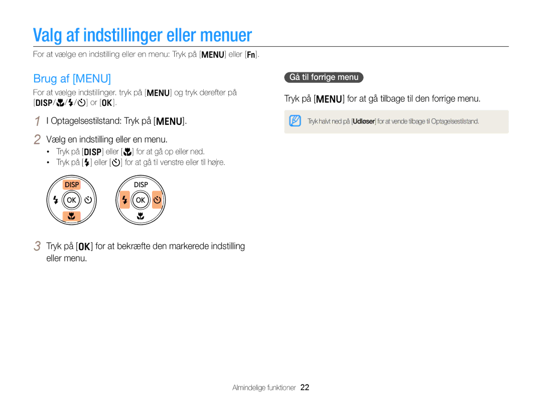 Samsung EC-ST88ZZFPLE2 Valg af indstillinger eller menuer, Brug af Menu, Tryk på m for at gå tilbage til den forrige menu 