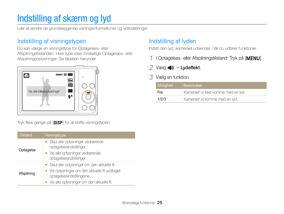 Samsung EC-ST88ZZBPWE2, EC-ST88ZZBPLE2 Indstilling af skærm og lyd, Indstilling af visningstypen, Indstilling af lyden 