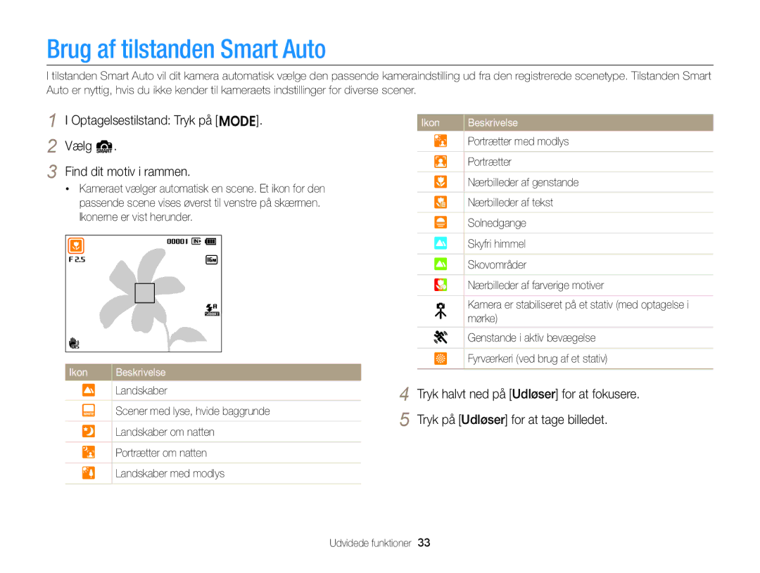 Samsung EC-ST88ZZBPBE2 manual Brug af tilstanden Smart Auto, Optagelsestilstand Tryk på M Vælg S Find dit motiv i rammen 