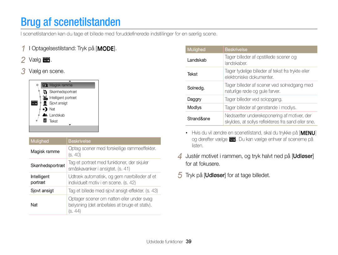 Samsung EC-ST88ZZBPLE2, EC-ST88ZZBPWE2 manual Brug af scenetilstanden, Optagelsestilstand Tryk på M Vælg s Vælg en scene 