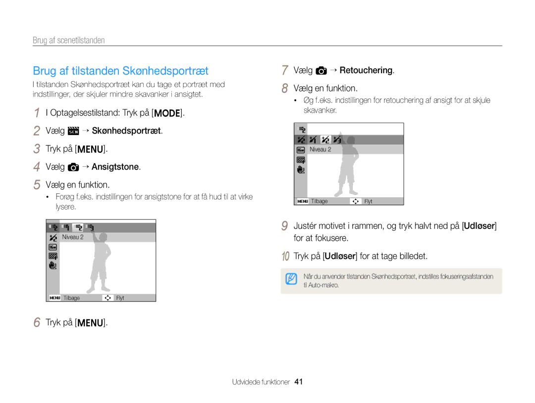 Samsung EC-ST88ZZFPWE2 manual Brug af tilstanden Skønhedsportræt, Tryk på m Vælg a “ Retouchering Vælg en funktion 