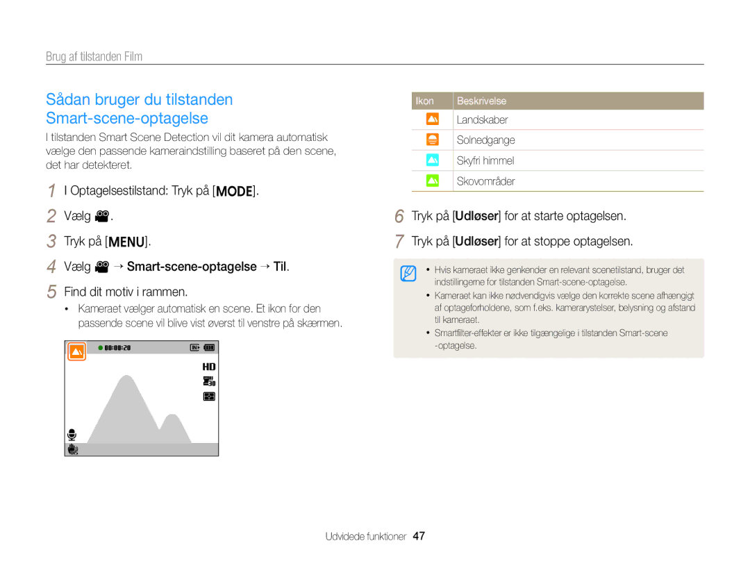 Samsung EC-ST88ZZFPLE2 manual Sådan bruger du tilstanden Smart-scene-optagelse, Tryk på Udløser for at starte optagelsen 