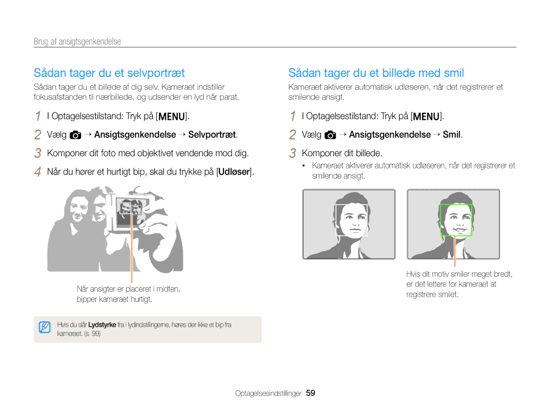 Samsung EC-ST88ZZBPLE2 manual Sådan tager du et selvportræt, Sådan tager du et billede med smil, Brug af ansigtsgenkendelse 