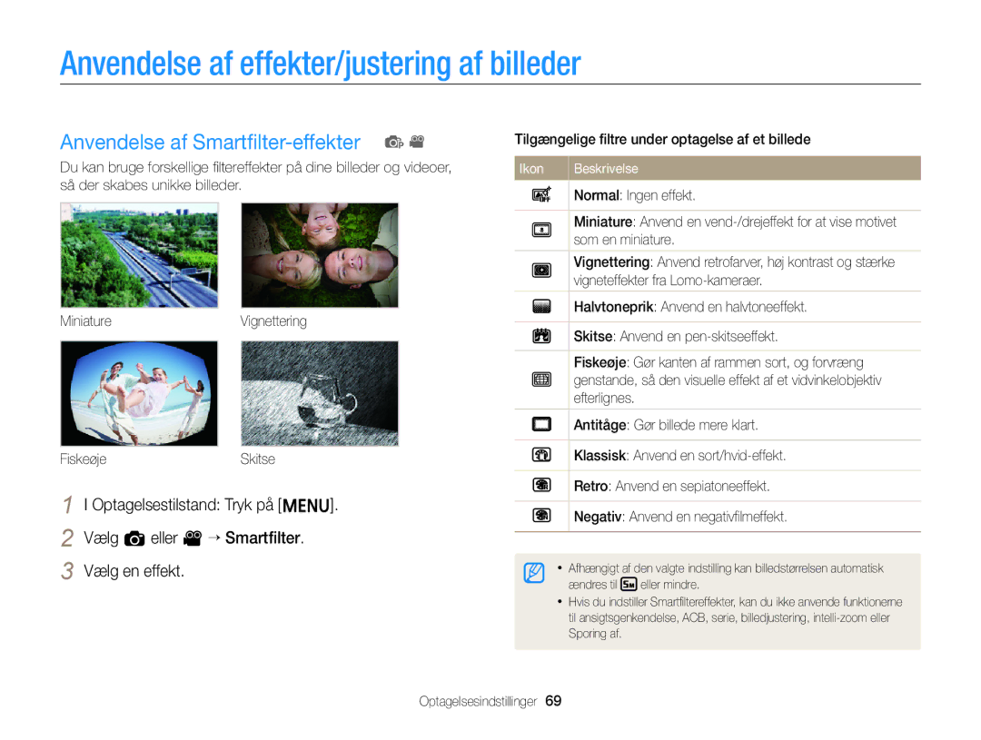 Samsung EC-ST88ZZBPLE2, EC-ST88ZZBPWE2 Anvendelse af effekter/justering af billeder, Anvendelse af Smartﬁlter-effekter p 