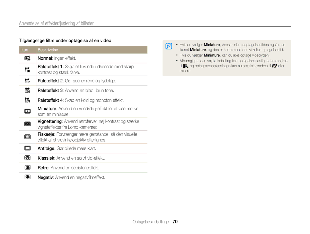 Samsung EC-ST88ZZBPWE2, EC-ST88ZZBPLE2, EC-ST88ZZFPWE2, EC-ST88ZZFPLE2 manual Anvendelse af effekter/justering af billeder 