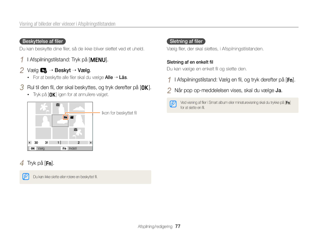 Samsung EC-ST88ZZFPLE2 Afspilningstilstand Tryk på m Vælg u “ Beskyt “ Vælg, Beskyttelse af ﬁler, Ikon for beskyttet ﬁl 