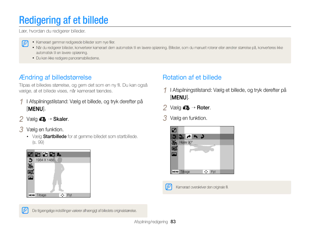 Samsung EC-ST88ZZBPBE2, EC-ST88ZZBPLE2 manual Redigering af et billede, Ændring af billedstørrelse, Rotation af et billede 