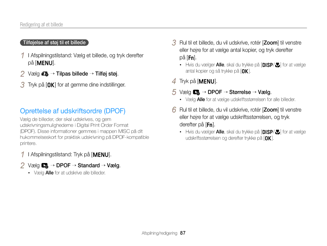 Samsung EC-ST88ZZFPLE2, EC-ST88ZZBPLE2 manual Oprettelse af udskriftsordre Dpof, Tryk på m Vælg u “ Dpof “ Størrelse “ Vælg 