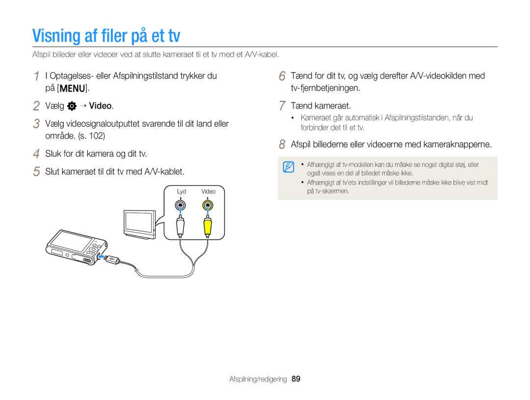 Samsung EC-ST88ZZBPLE2, EC-ST88ZZBPWE2 Visning af ﬁler på et tv, Afspil billederne eller videoerne med kameraknapperne 