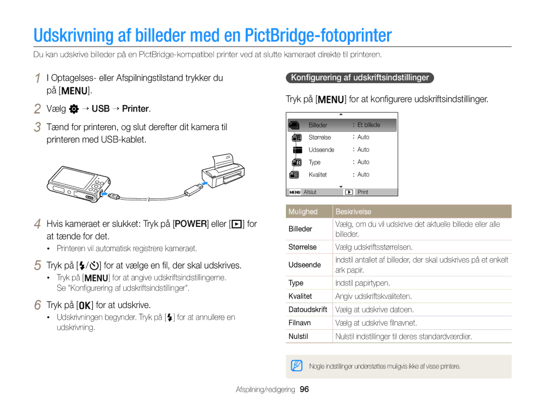 Samsung EC-ST88ZZFPWE2, EC-ST88ZZBPLE2 Udskrivning af billeder med en PictBridge-fotoprinter, Tryk på o for at udskrive 