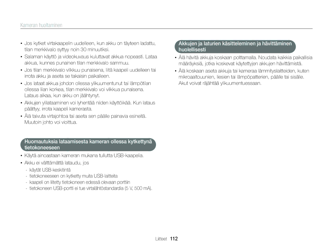 Samsung EC-ST88ZZFPLE2, EC-ST88ZZBPLE2, EC-ST88ZZBPWE2, EC-ST88ZZFPWE2, EC-ST88ZZBPBE2 manual Kameran huoltaminen 