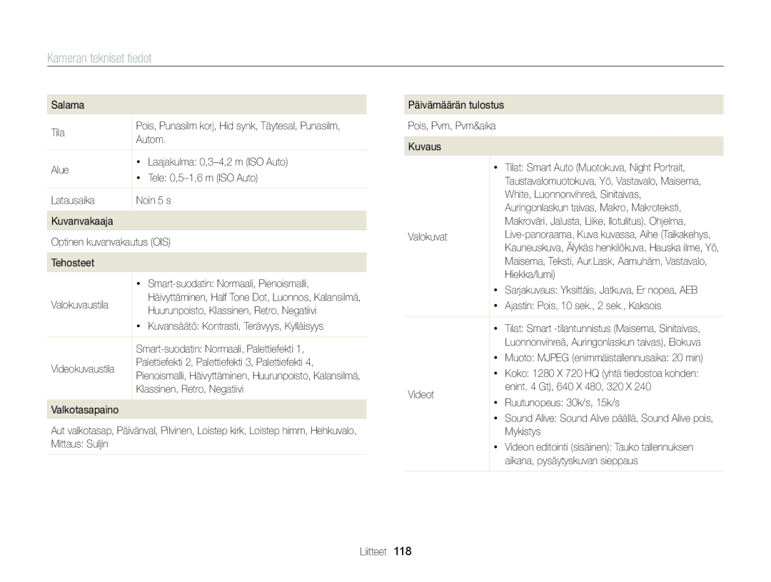 Samsung EC-ST88ZZBPBE2, EC-ST88ZZBPLE2, EC-ST88ZZBPWE2, EC-ST88ZZFPWE2, EC-ST88ZZFPLE2 manual Kameran tekniset tiedot 