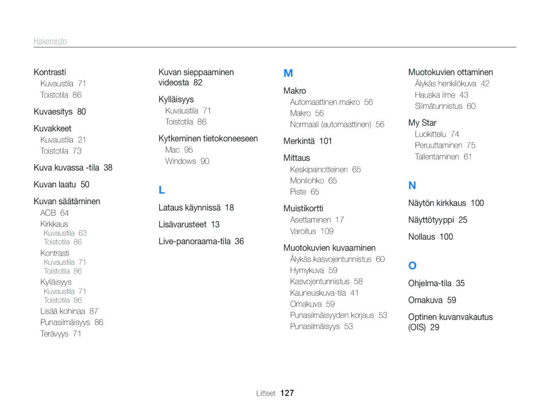 Samsung EC-ST88ZZFPLE2, EC-ST88ZZBPLE2, EC-ST88ZZBPWE2, EC-ST88ZZFPWE2, EC-ST88ZZBPBE2 manual Hakemisto 