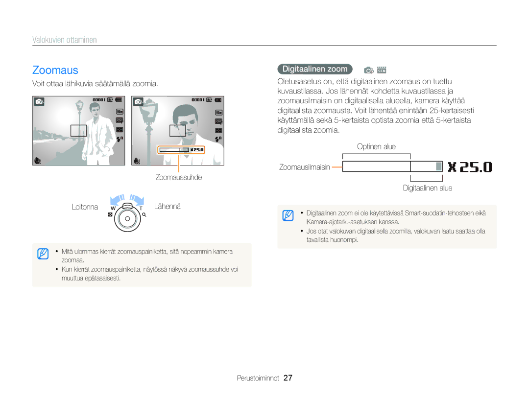 Samsung EC-ST88ZZFPLE2, EC-ST88ZZBPLE2 Zoomaus, Valokuvien ottaminen, Digitaalinen zoom, Digitaalista zoomia Optinen alue 