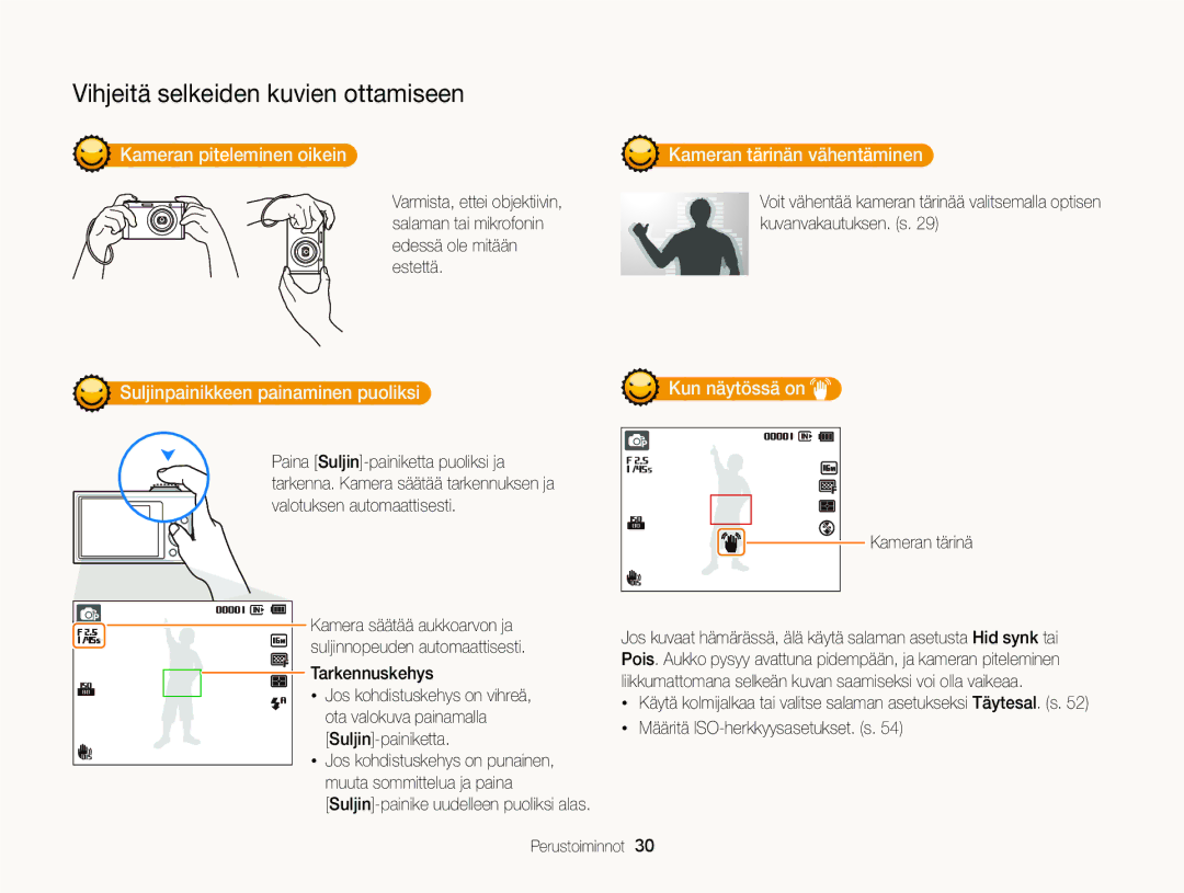 Samsung EC-ST88ZZBPWE2 manual Kameran piteleminen oikein Kameran tärinän vähentäminen, Suljinpainikkeen painaminen puoliksi 