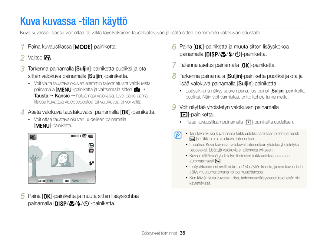 Samsung EC-ST88ZZBPBE2, EC-ST88ZZBPLE2 manual Kuva kuvassa -tilan käyttö, Paina kuvaustilassa M-painiketta Valitse d 