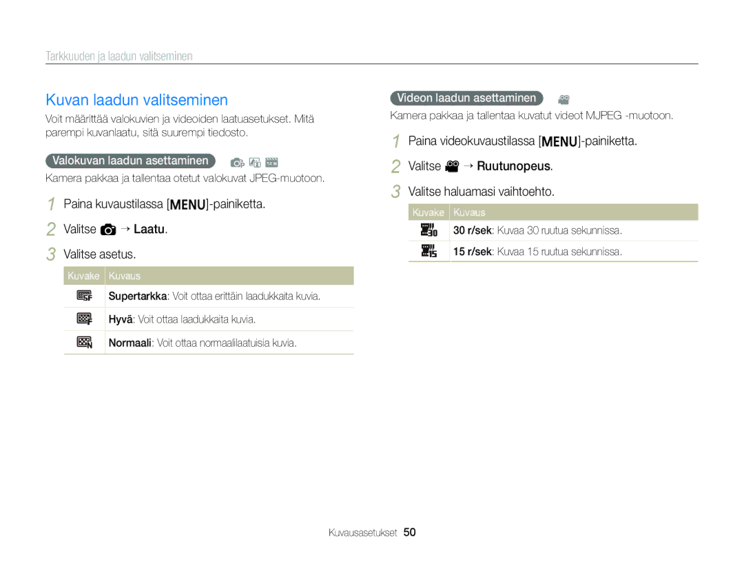 Samsung EC-ST88ZZBPWE2 Kuvan laadun valitseminen, Tarkkuuden ja laadun valitseminen, Valokuvan laadun asettaminen p d s 